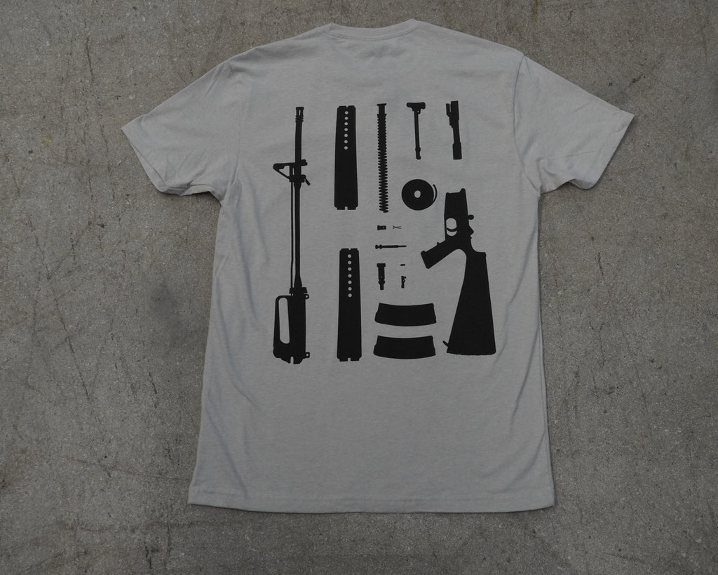 Silk T shirt with gun part assembly printed on back