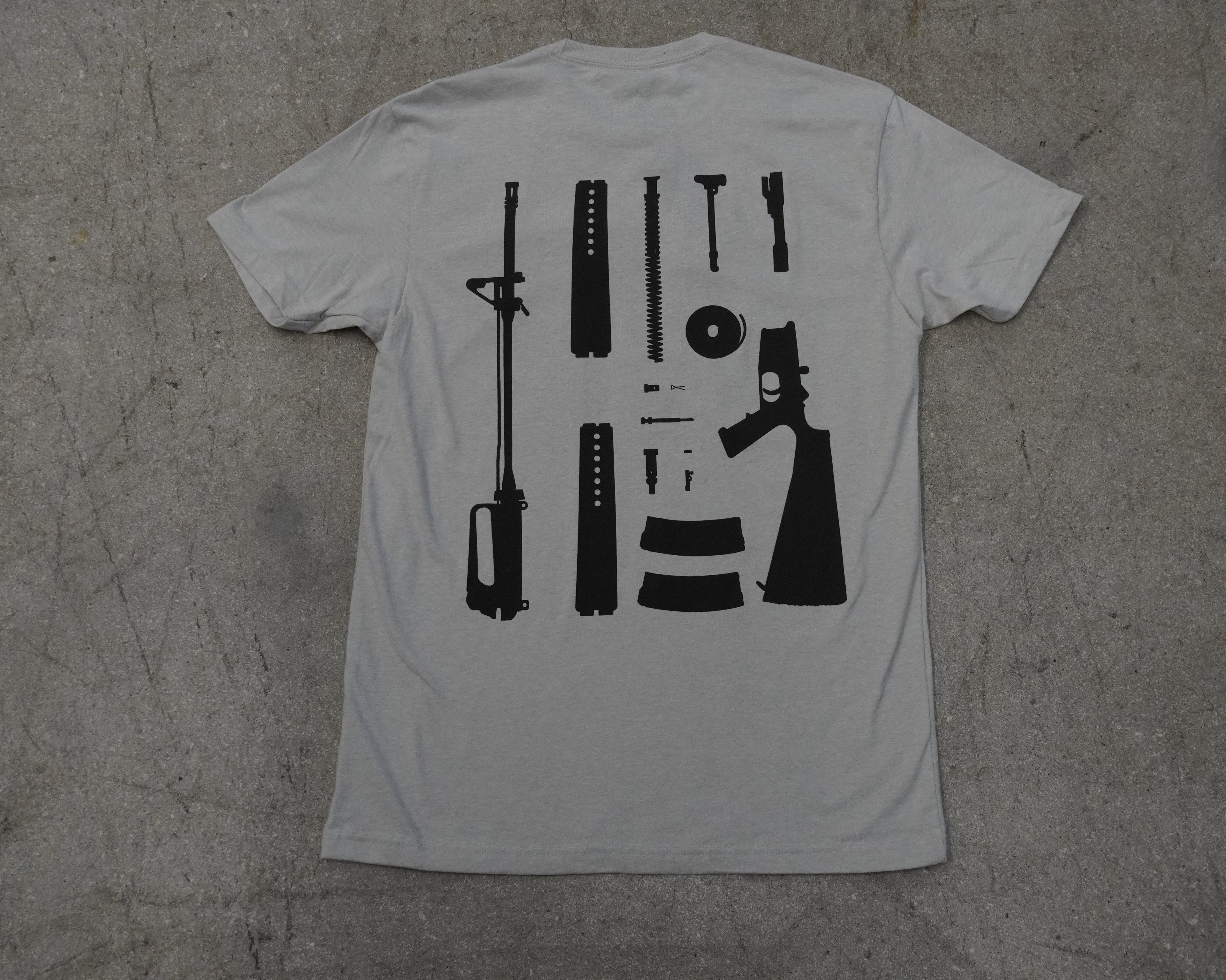 Silk T shirt with gun part assembly printed on back