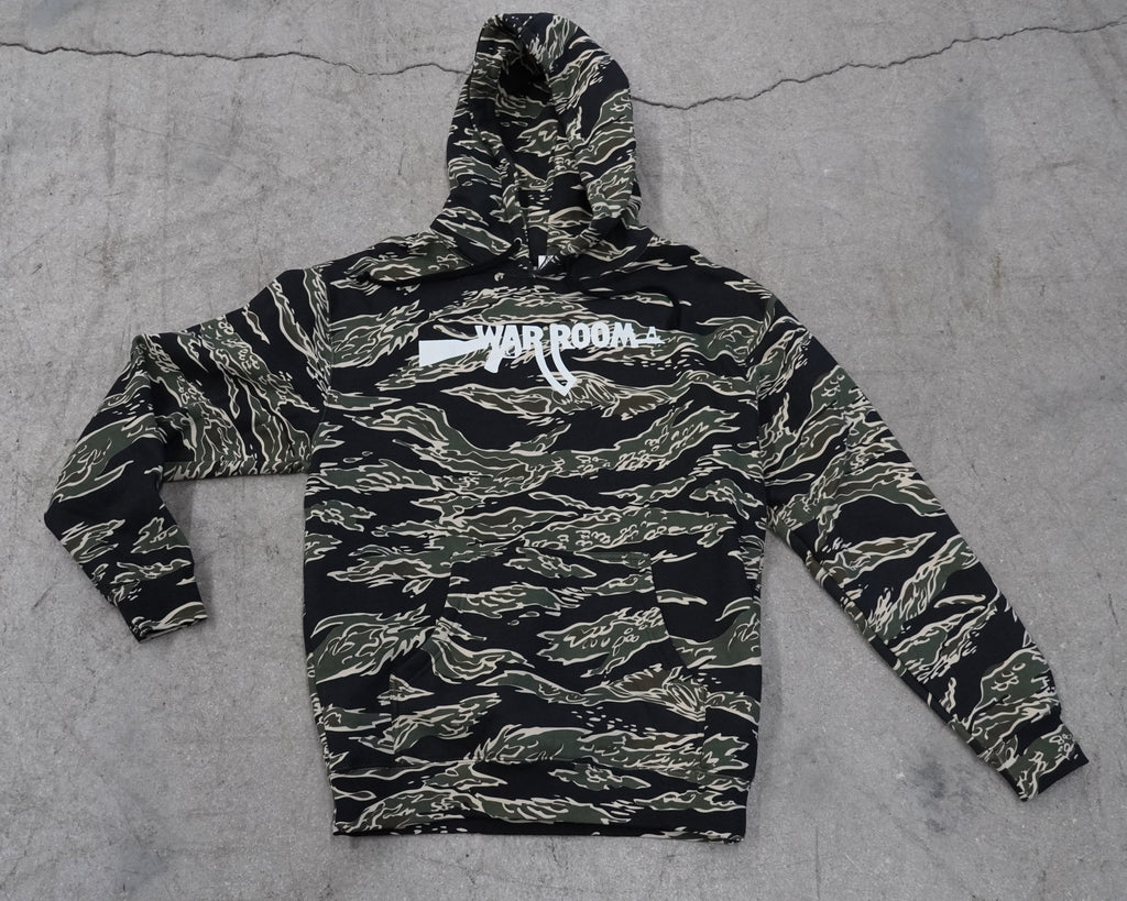 Tiger Stripe Camouflage hoodie with the War Room logo displayed prominenetly across the chest