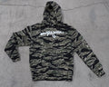 Tiger Stripe Camouflage hoodie with the War Room logo displayed prominenetly across the chest